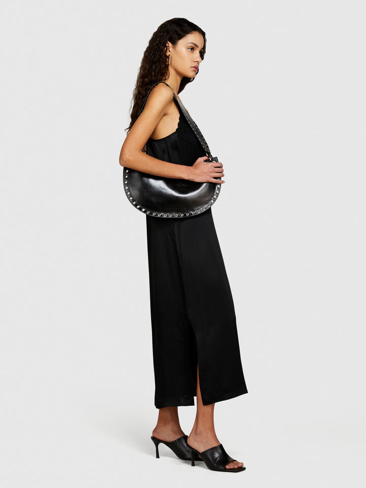 Satin dress with crochet - women's midi dresses - Black | Sisley image number 2